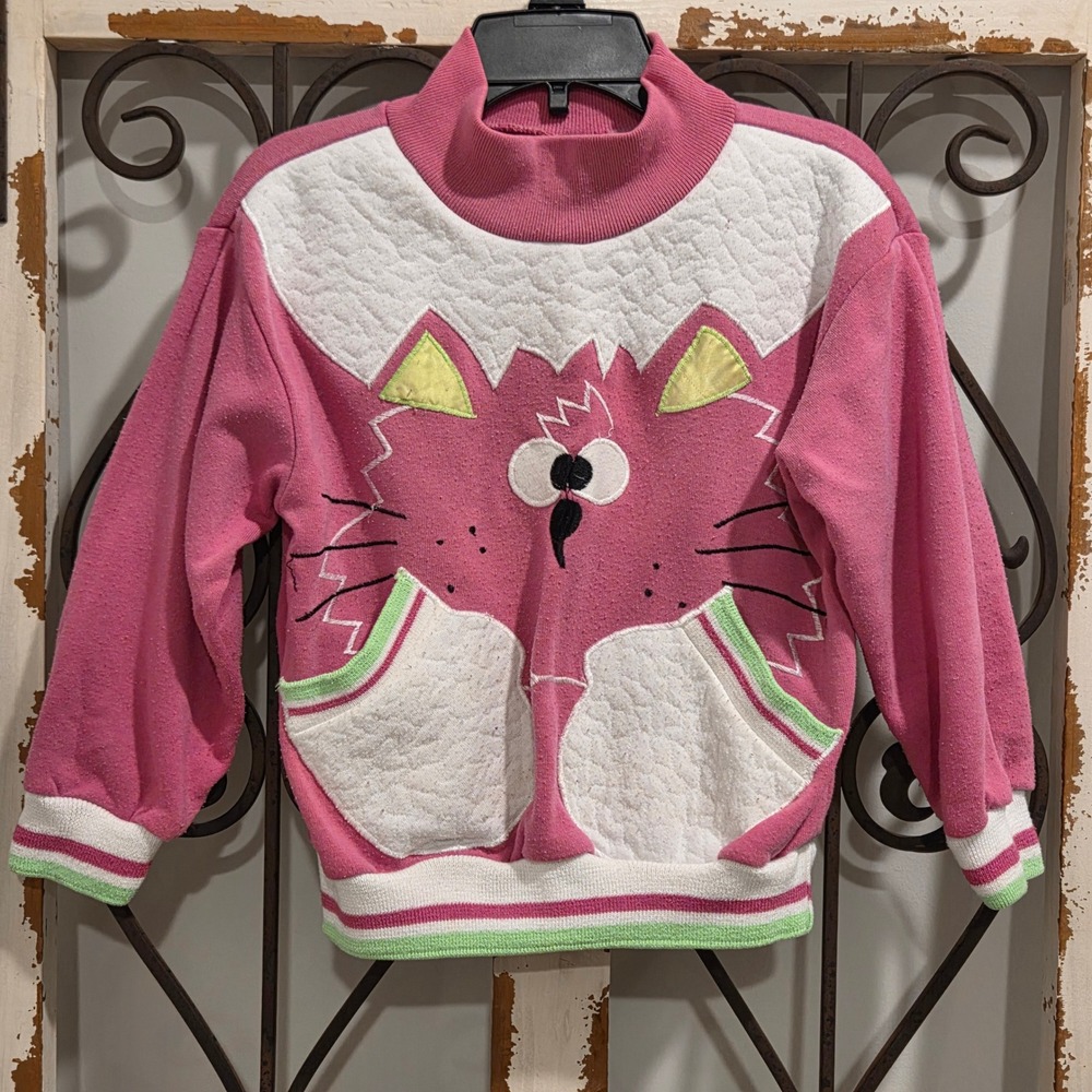 Vintage 1989 Ocean Pacific Pink Cat Tracksuit Set Kids Size 4T 80s OP Fleece - Picture 2 of 11